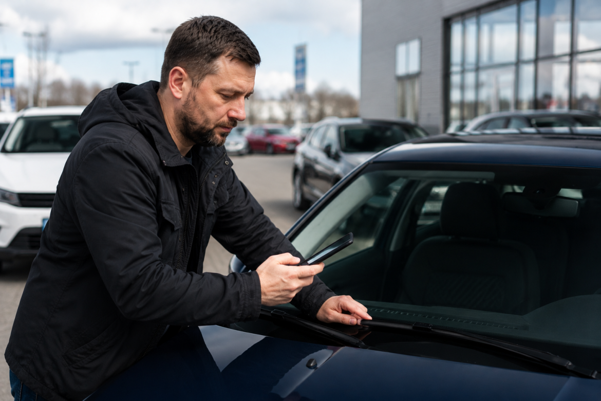 Перевірити авто на ДТП по VIN – покупець оглядає автомобіль та перевіряє інформацію на смартфоні